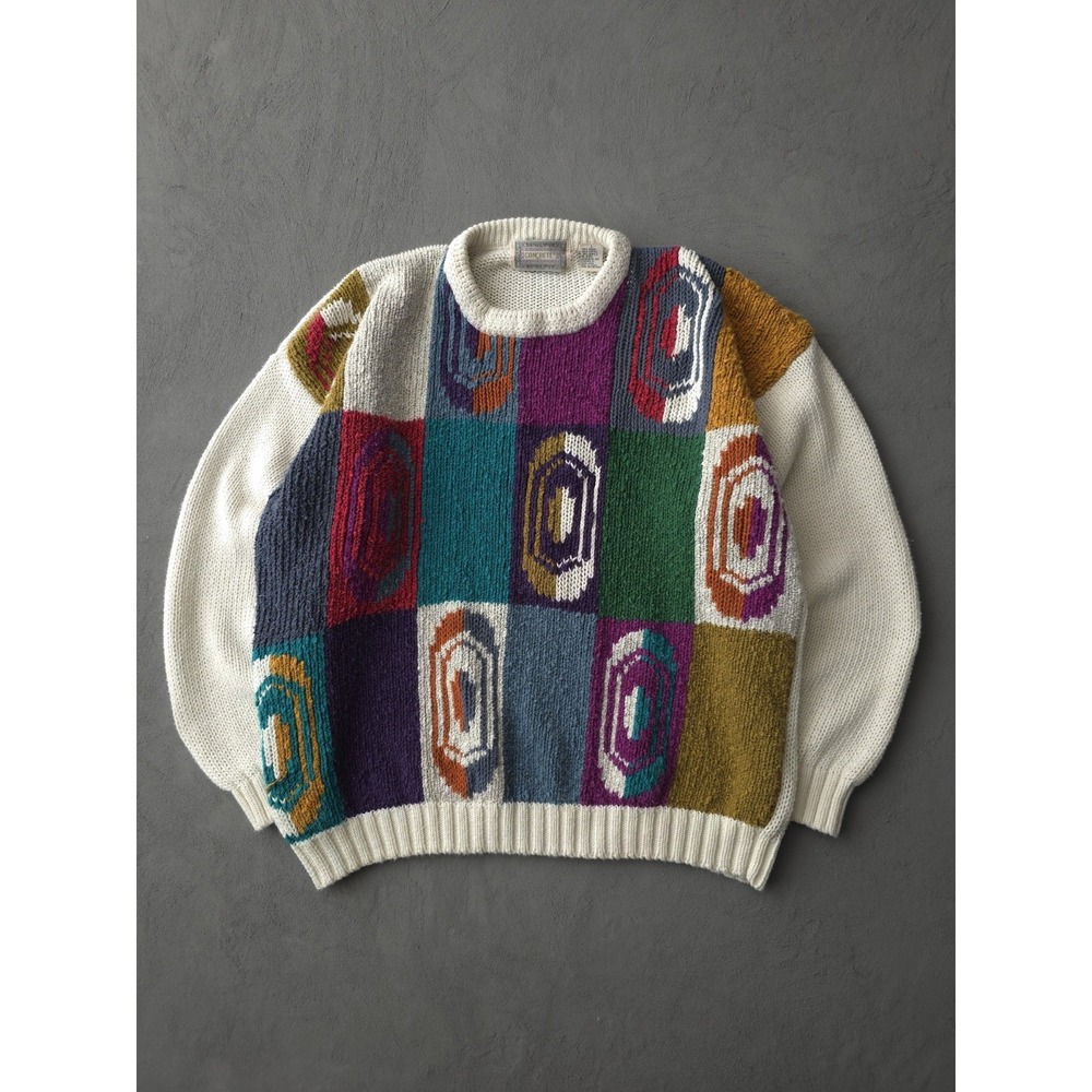 Vintage 90s Concrete Ramie Blend Crewneck Sweater Geometric Print Multi-Color L